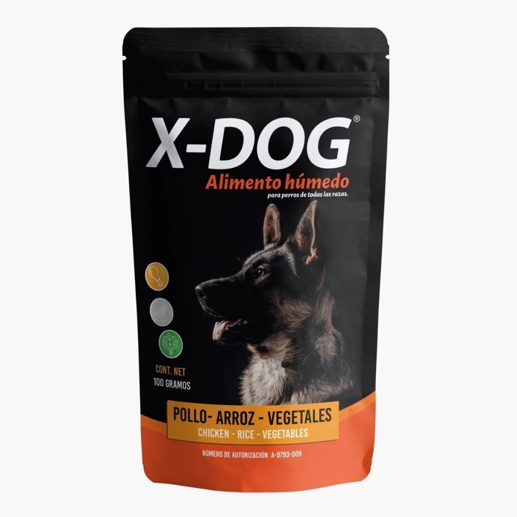X Dog Sobre Alimento Húmedo Natural Pollo Arroz y Vegetales Caja 24pz/100gr